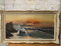 Contemporary School, Waves crashing on cliffs at sunset, oil, signed bottom right, (59cm x 119cm)