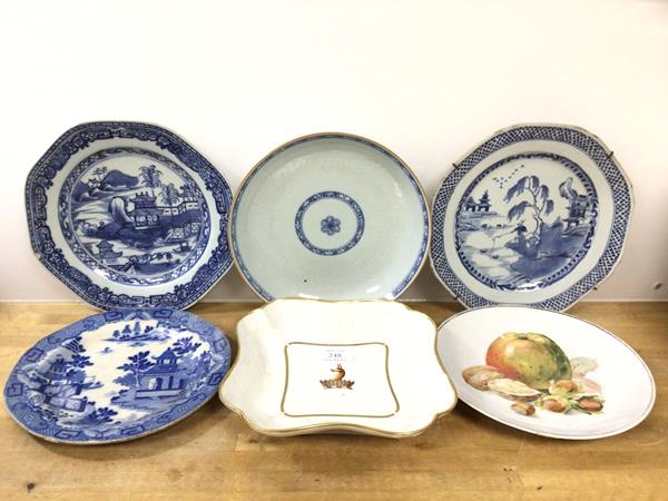 A mixed lot of china including a 19thc armorial plate, well with a deer within crown, (19cm x 19cm),