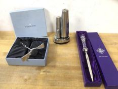 A mixed lot including a Georg Jensen bar set including cork screw, bottle opener, and cork, a