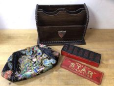 A mixed lot including a 1920's / 30's oak stationery box with beaded edge and vacant shield to