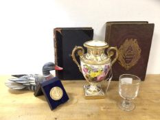 A mixed lot including an urn shaped vase on square base, (22cm h), a 19thc wine glass, a wooden