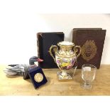 A mixed lot including an urn shaped vase on square base, (22cm h), a 19thc wine glass, a wooden