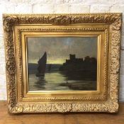 Albert Hayes ?, RDS, Castle ruins near Loch and boats, oil, signed bottom left, (37cm x 46cm)