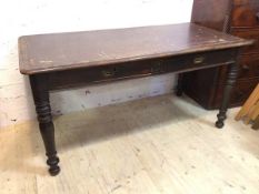A 19thc writing table with moulded top over two frieze drawers on turned supports (76cm x 153cm x