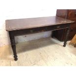 A 19thc writing table with moulded top over two frieze drawers on turned supports (76cm x 153cm x