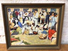 J A Forbes, Indian market in Huauchinango Mexico, oil, signed bottom left, paper label verso, (