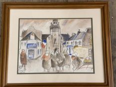 French School, French town square, watercolour and crayon, inscribed bottom left OUESSANT L'