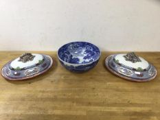 A Copeland Spode china Italian pattern bowl (10cm x 24cm) and two lidded dishes both impressed