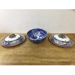 A Copeland Spode china Italian pattern bowl (10cm x 24cm) and two lidded dishes both impressed