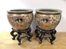 A pair of Chinese Satsuma style jardiniere's each with red seal marks and stamped Made in China to