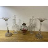 A glass hinge lidded bowl in the form of a stylised pear, (23cm h), two decanters with floral