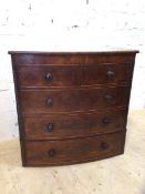 A mid 19thc mahogany bow front chest the moulded top over two short drawers and three graduated long