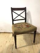 A Scottish Regency mahogany side chair with a burr wood panel to top rail over x frame back, gros