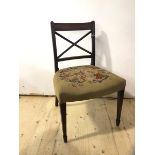 A Scottish Regency mahogany side chair with a burr wood panel to top rail over x frame back, gros