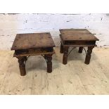 A pair of Indonesian hardwood metal bound side tables, the square moulded tops on turned supports