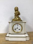A late 19th early 20thc French mantel clock with gilt metal figure of girl praying on pillow,