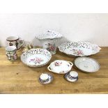 A mixed lot of china including Dresden miniature teacups and saucers, German vases, pierced vase,