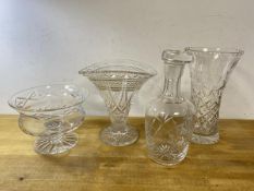 A glass decanter with associated stopper, (26cm h), two glass vases and footed bowl (4)
