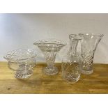 A glass decanter with associated stopper, (26cm h), two glass vases and footed bowl (4)