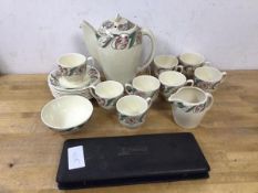 A 1930's Susie Cooper china kestral shaped coffee service in Endon pattern, including coffee pot, (