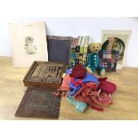 A mixed lot of children's toys and books including a Barringer Bear, a collection of dolls knitwear,