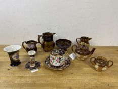 A collection of mixed china including lustre ware, three jugs, (largest 13cm high), a footed bowl, a