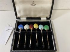 A set of six coffee bean spoons with enamel backs, marked England, in Walker and Hall box, each