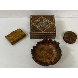 A Damascus box with mother of pearl and specimen wood inlay,