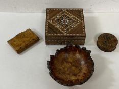 A Damascus box with mother of pearl and specimen wood inlay,