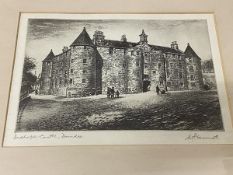W P Vannet, Dudhope Castle Dundee, etching, signed bottom right, paper label verso, (17cm x 25cm),