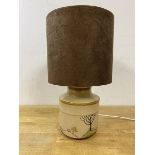 A Denby pottery Savoy pattern table lamp with suede (?) lampshade, measures 34cm high