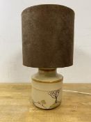 A Denby pottery Savoy pattern table lamp with suede (?) lampshade, measures 34cm high