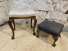 A footstool with floral upholstered top over cabriole supports with shells to knees and ball and