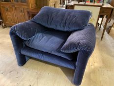 A Maralunga easy chair in striped blue upholstery, some upholstery replaced to rear with solid