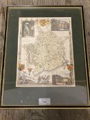 19thc map of Monmouthshire, insert images of Tintern Abbey, Chepstow Castle and townhall