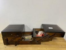 An early 20thc metamorphic set of trays, tops with hinged lids, over two lower tiers and a single