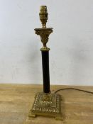 A Regency style corinthian column table lamp on square brass base and bracket feet, (44cm high)