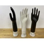 A collection of three 1978 ceramic models of hands, inscribed General Porcelain Trenton NJ USA,