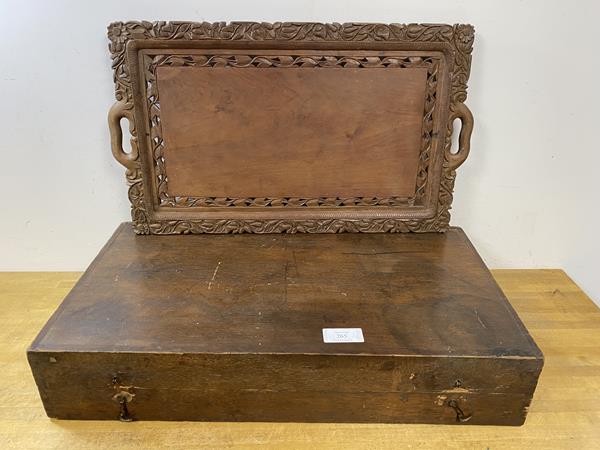 An Indian carved and pierced tray (61cm x 35cm), and an early 20thc box with ribbed interior (2)
