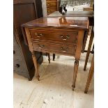 A reproduction mahogany Georgian style work table with drop-leaves to side over two drawers, top