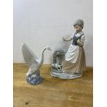 A Spanish Nao figure of a young girl by a well with broken vase, (30cm high), and a figure of a swan