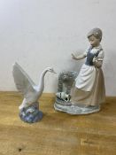 A Spanish Nao figure of a young girl by a well with broken vase, (30cm high), and a figure of a swan