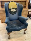 A Georgian style wing back armchair with white heart grospoint panel to back over arms with front