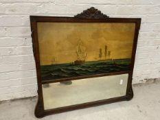 An Edwardian wall mirror the rectangular glass below a painted canvas depicting ships within frame