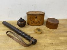A mixed lot including a early 19thc tea caddy of oval form with scrolling vine inaly, lacking