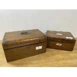 A 19thc mahogany hinged box, (16cm x 30cm x 24cm), and a rosewood box with mother of pearl oval