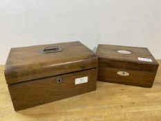 A 19thc mahogany hinged box, (16cm x 30cm x 24cm), and a rosewood box with mother of pearl oval