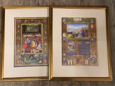 Two reproduction prints of circa 1500 illuminated manuscripts with gilt embellishments, German