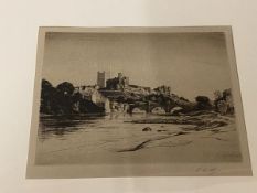 Samuel Smith, Richmond Castle, etching, signed bottom right, paper label verso, framed, (17cm x