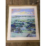 Sally Carlaw, abstract coastal landscape, mixed media, signed bottom left, (49cm x 39cm)
